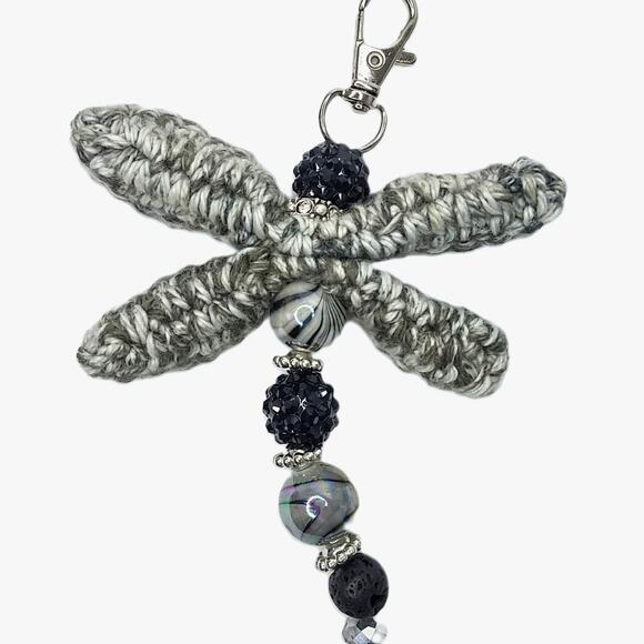 Crochet Dragonfly Bag Charm Hand Crafted Blingy Beaded Purse Keychain Black NEW - Picture 3 of 11
